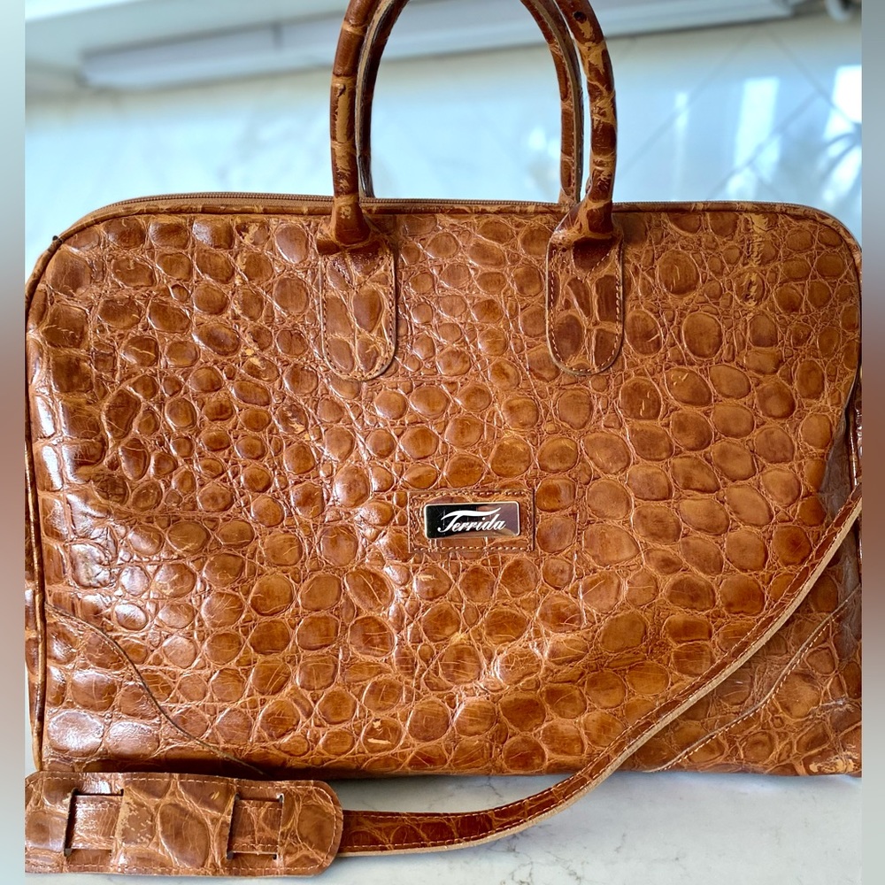 Terrida Luxury Leather Croc Embossed Travel Weekender Overnight Bag Tote
